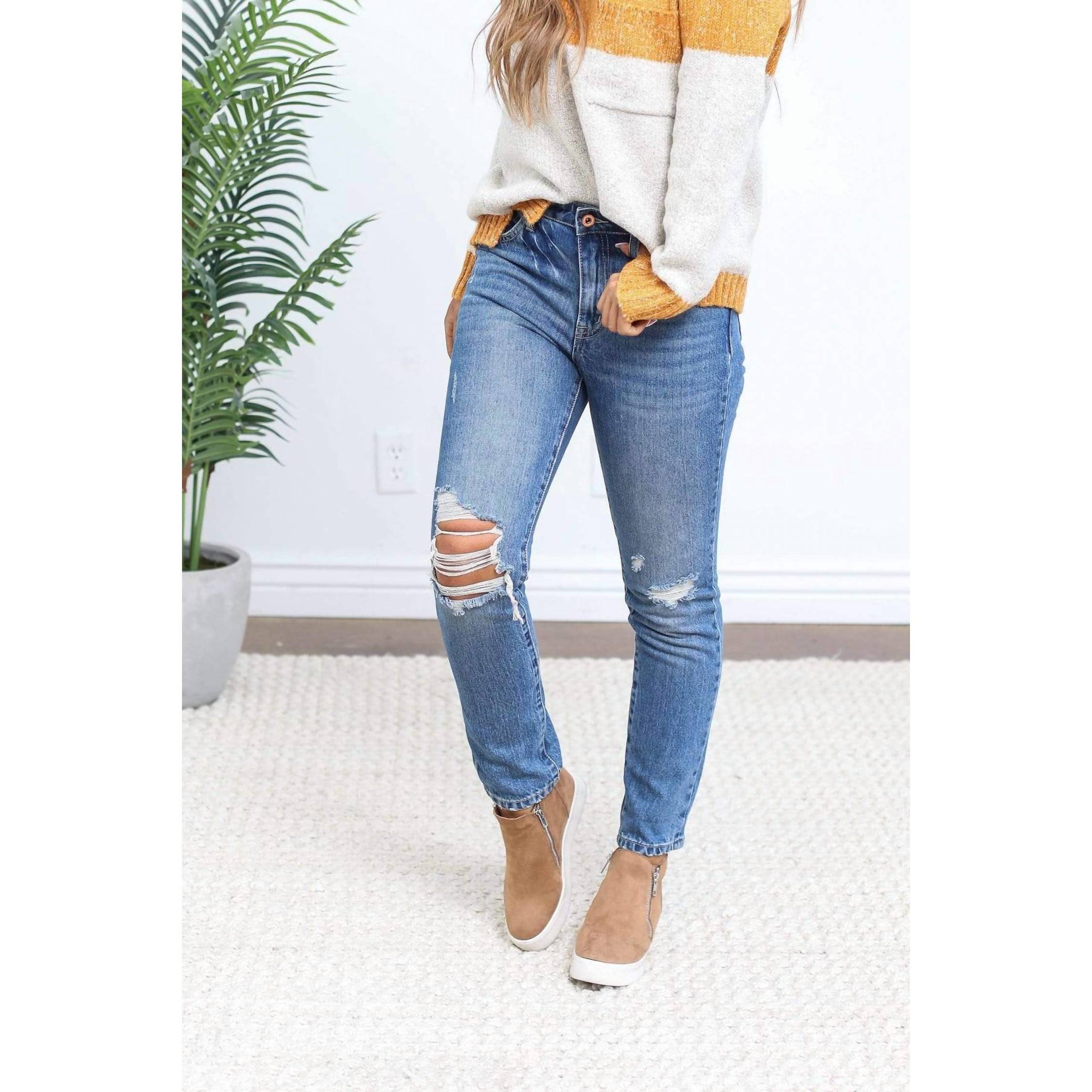 New Special A Distressed High Rise Relaxed Skinny In Medium Dark